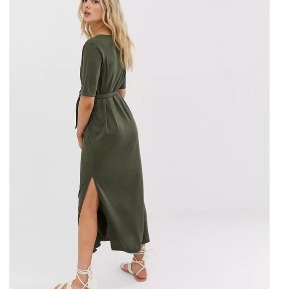 ASOS olive green belted maxi dress w/side slit 6 - Picture 3 of 9